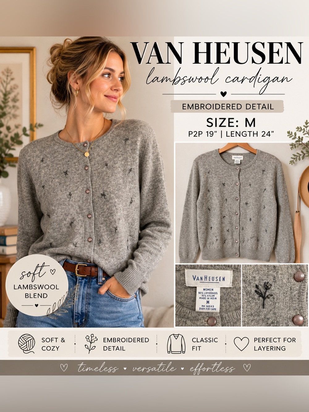 Van Heusen Lambswool Blend Embroidered Cardigan Sweater Women’s Medium